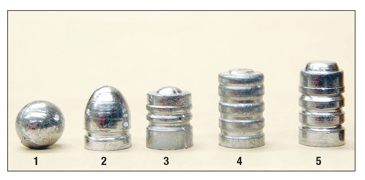 These revolver target bullets include a (1) 75-grain roundball, (2) 100-grain roundnose, (3) 105-grain wadcutter, (4) 150-grain and a (5) 158-grain bullet.